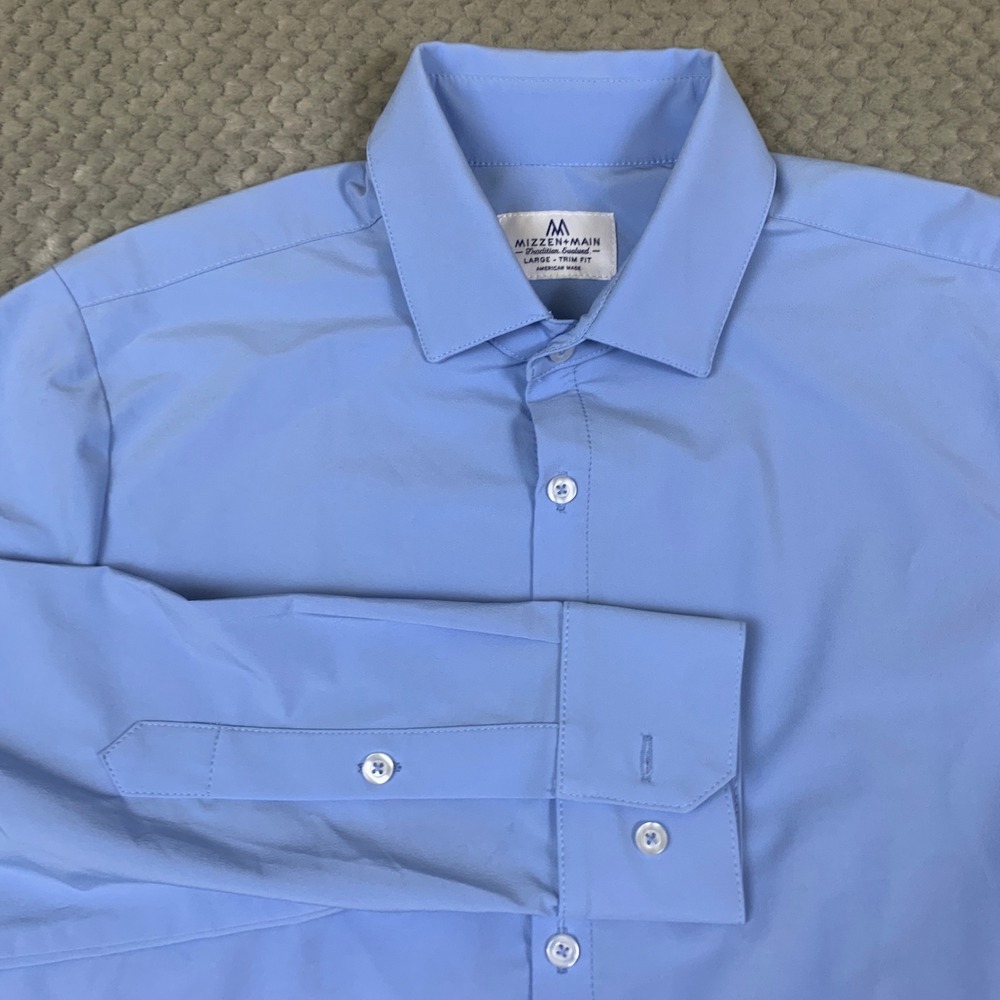 Mizzen+Main Mens Large Trim Fit Performance Dress Shirt Light Blue Stretch